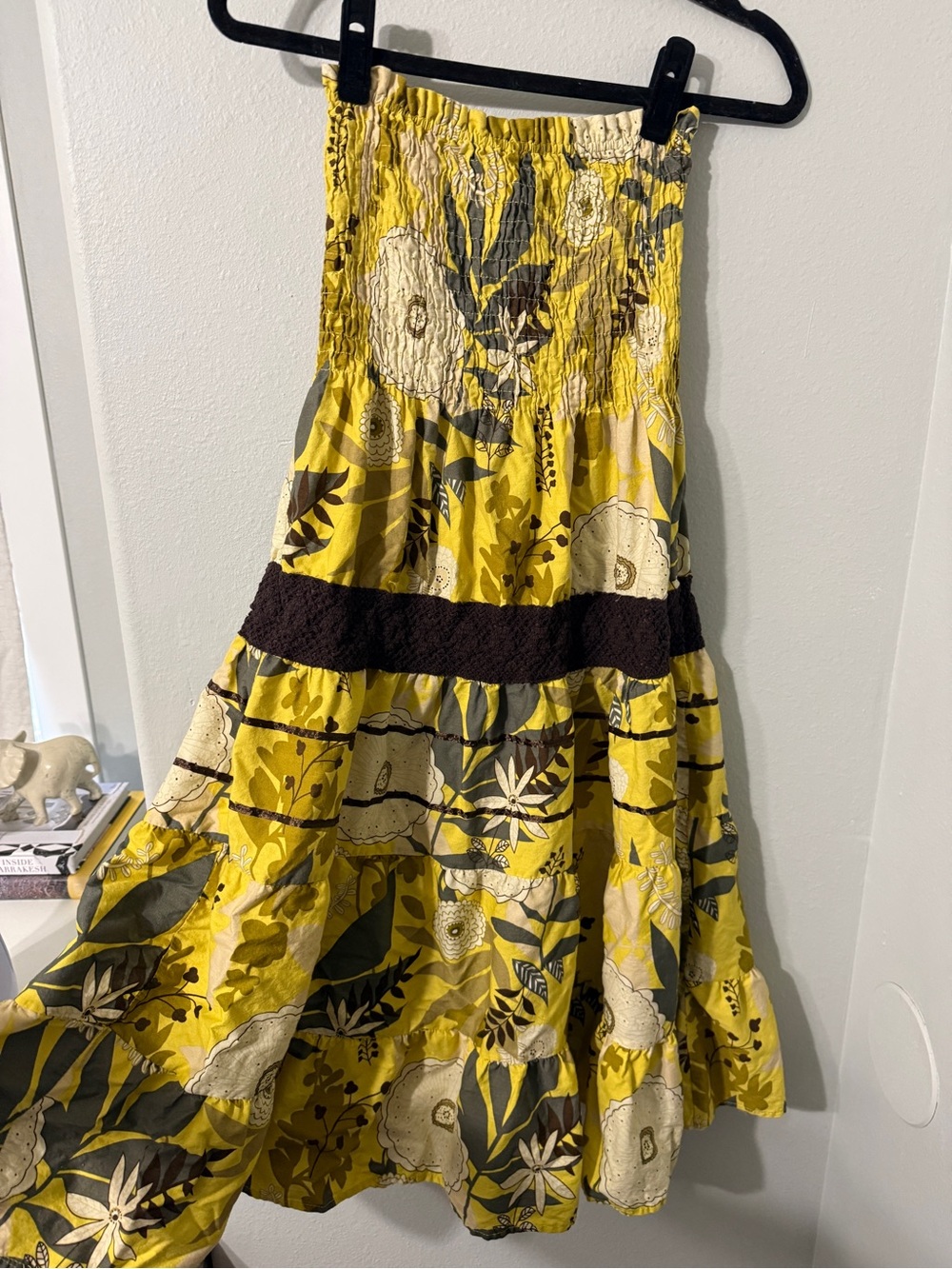CuteY2K Yellow Floral Smocked Strapless Tiered Flowy Dress with Crochet Accents - Picture 6 of 7